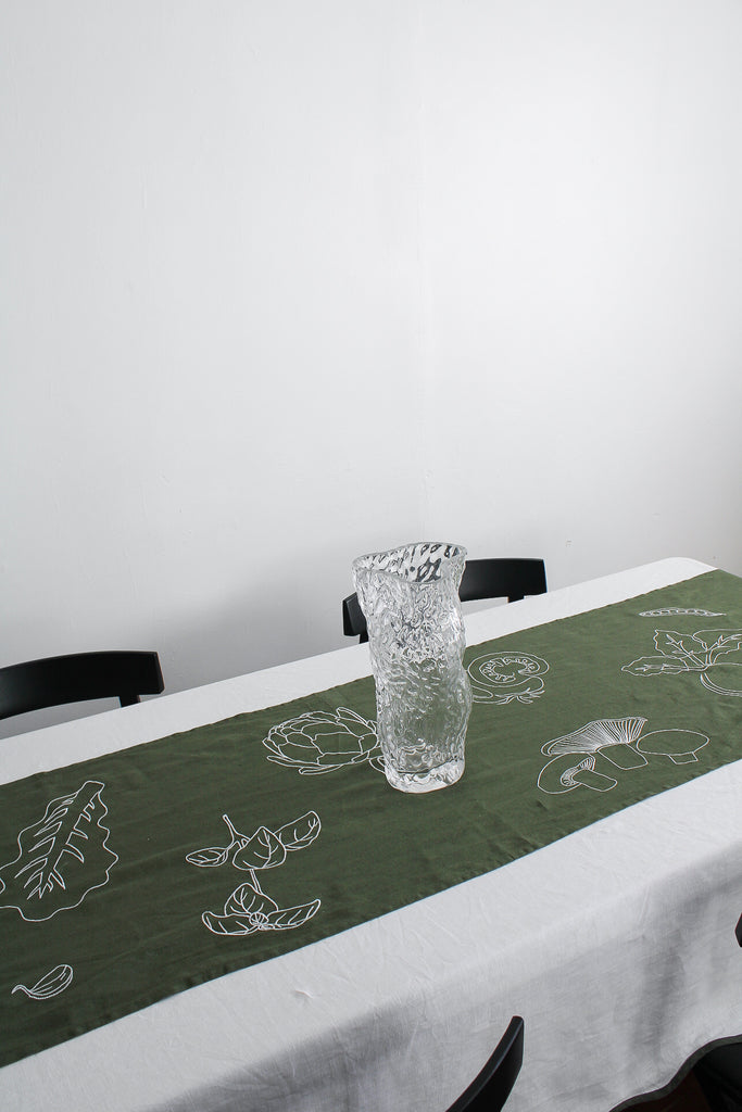 Embroidered Garden Table Runner In Moss Green