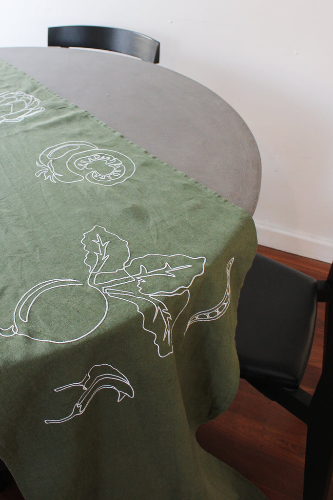 Embroidered Garden Table Runner In Moss Green