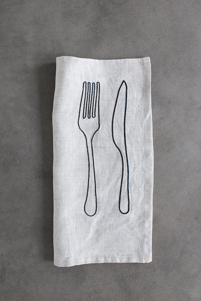 Embroidered Knife and Fork Napkins In Beige Marl (Set of 4)