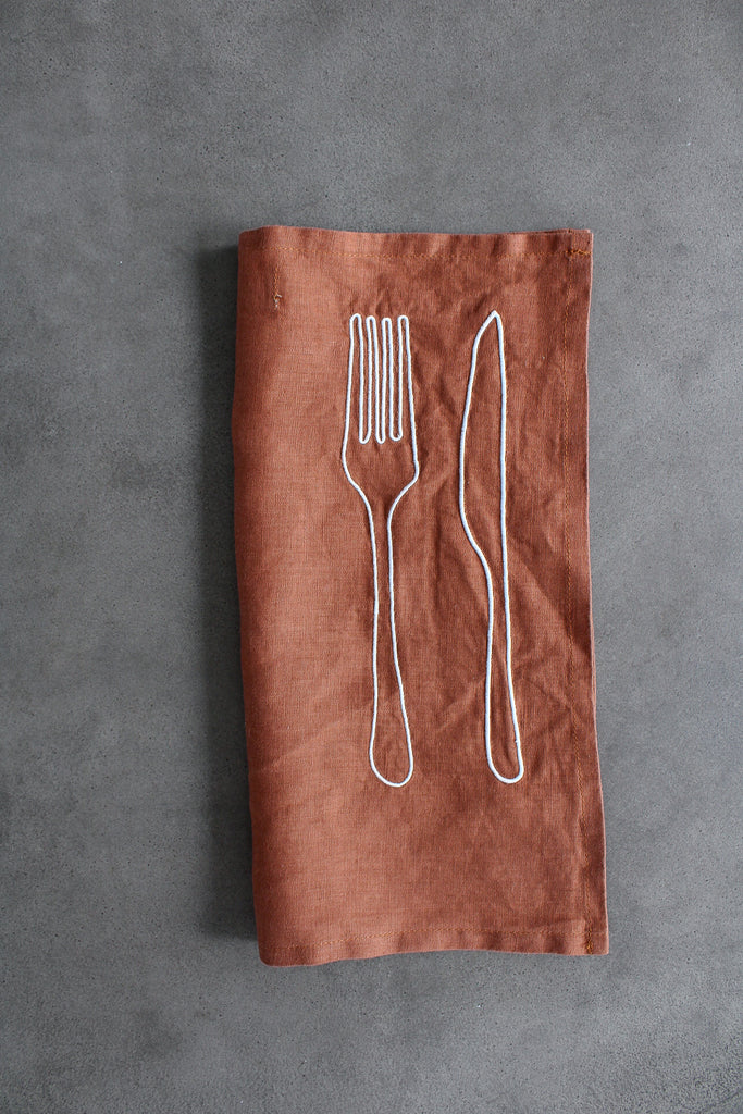 Embroidered Knife and Fork Napkins In Chocolate (Set of 4)