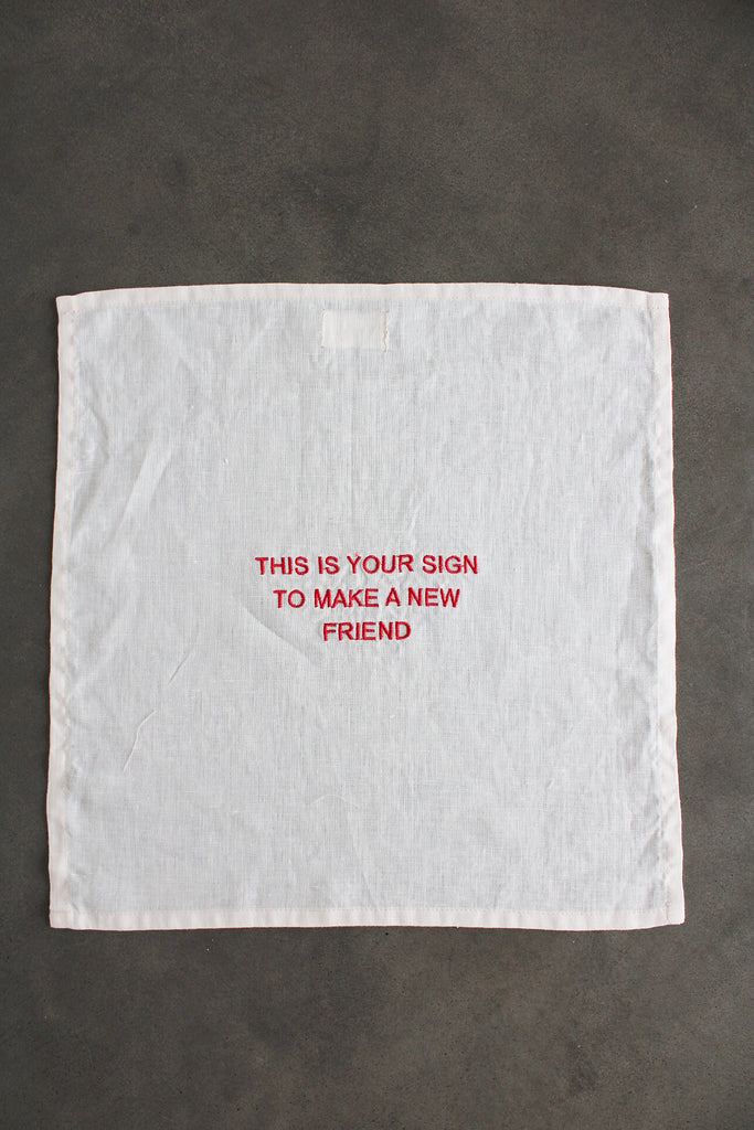 Embroidered New Friend Napkins In Cream and Red Set of 4)