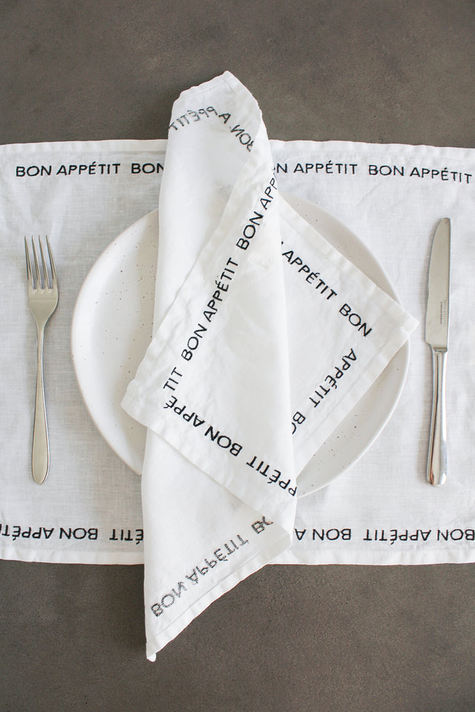 Embroidered Bon Appetit Placemats In Black (Set of 4)