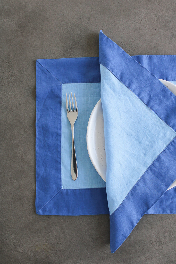 Panelled Napkins In Two Tone Blue (Set of 4)