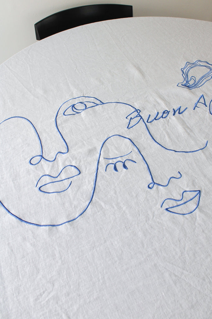 Embroidered Buon Appetito Tablecloth In Blue